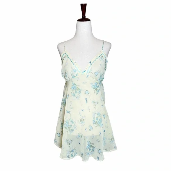 Vintage Y2K Fairycore Pale Yellow & Blue Floral Butterfly Chiffon Slip Dress - Picture 2 of 6
